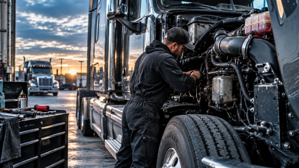 Diesel mechanic working on the engine of a semi truck in a fleet maintenance shop.
