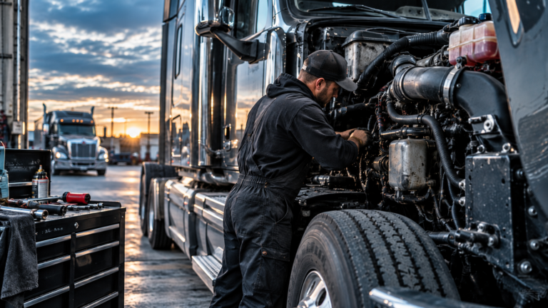 Diesel mechanic working on the engine of a semi truck in a fleet maintenance shop.