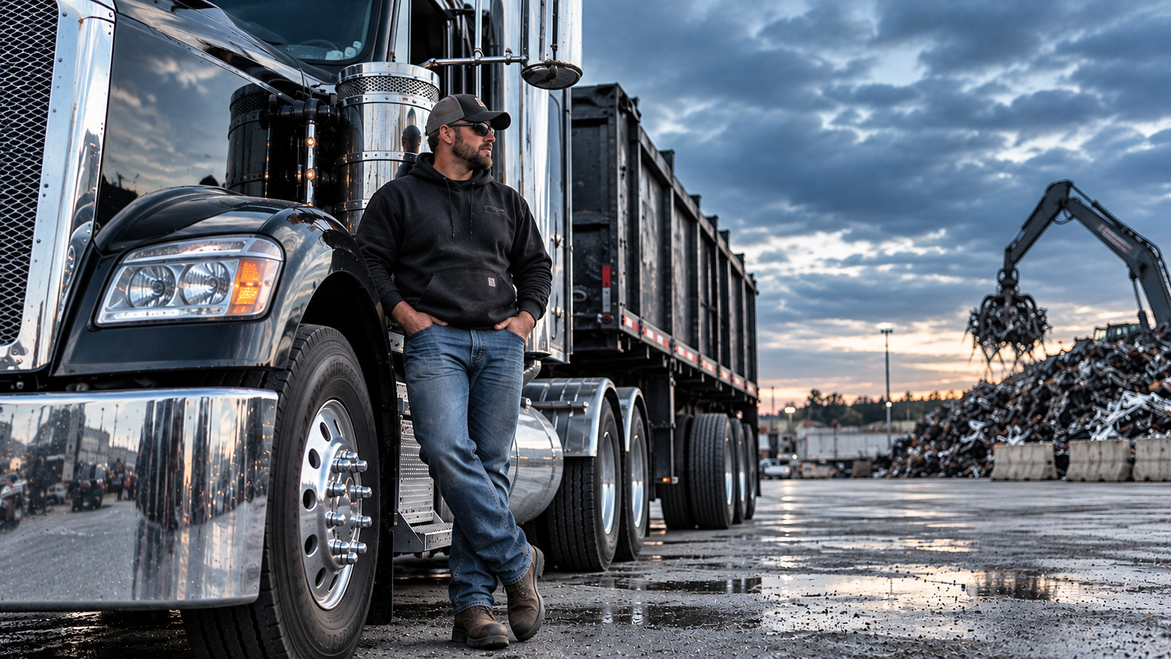 Truck driver standing beside a black semi truck in an industrial scrap yard.