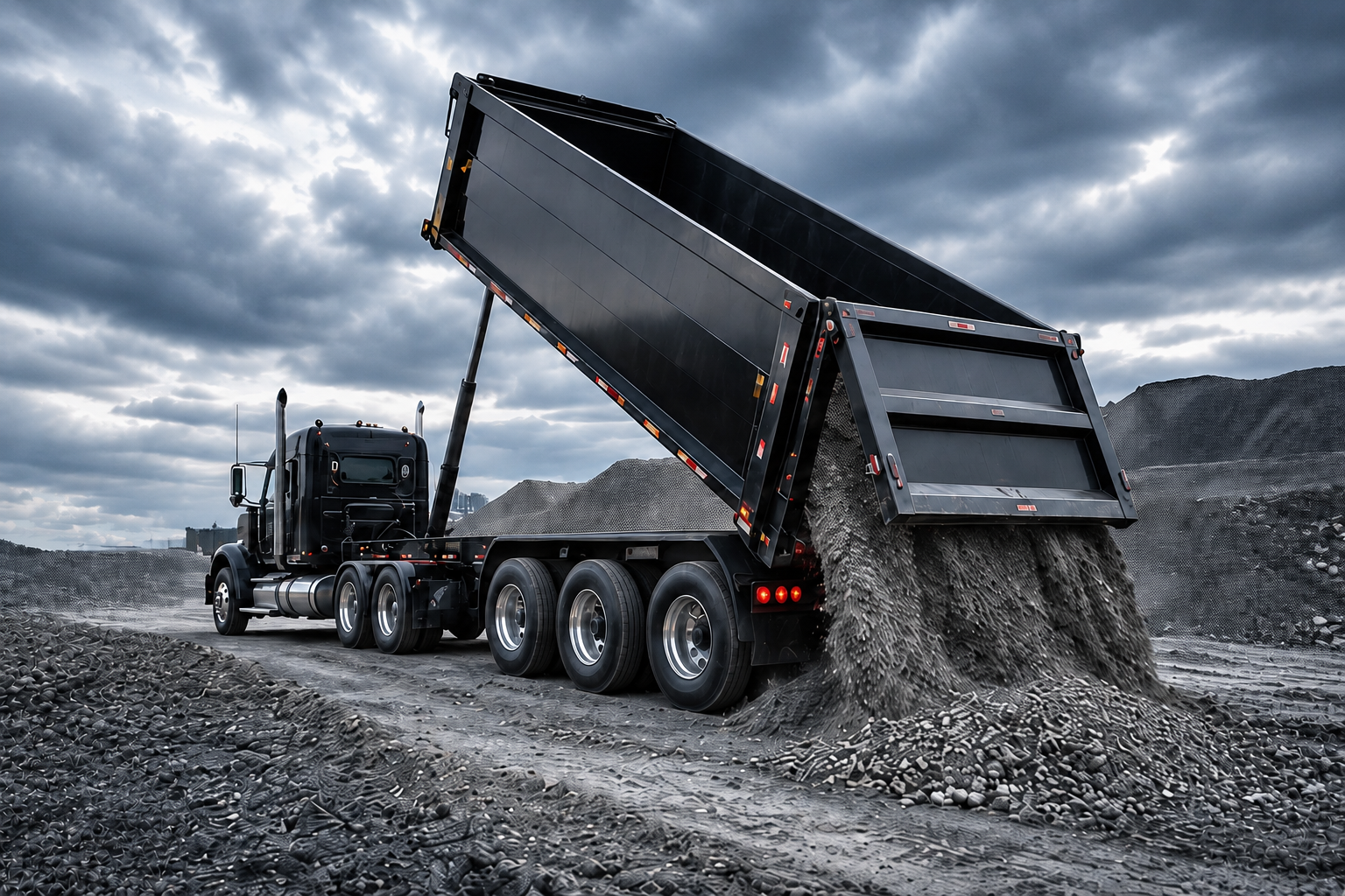 Black semi truck unloading bulk material from a raised dump trailer at an industrial worksite.