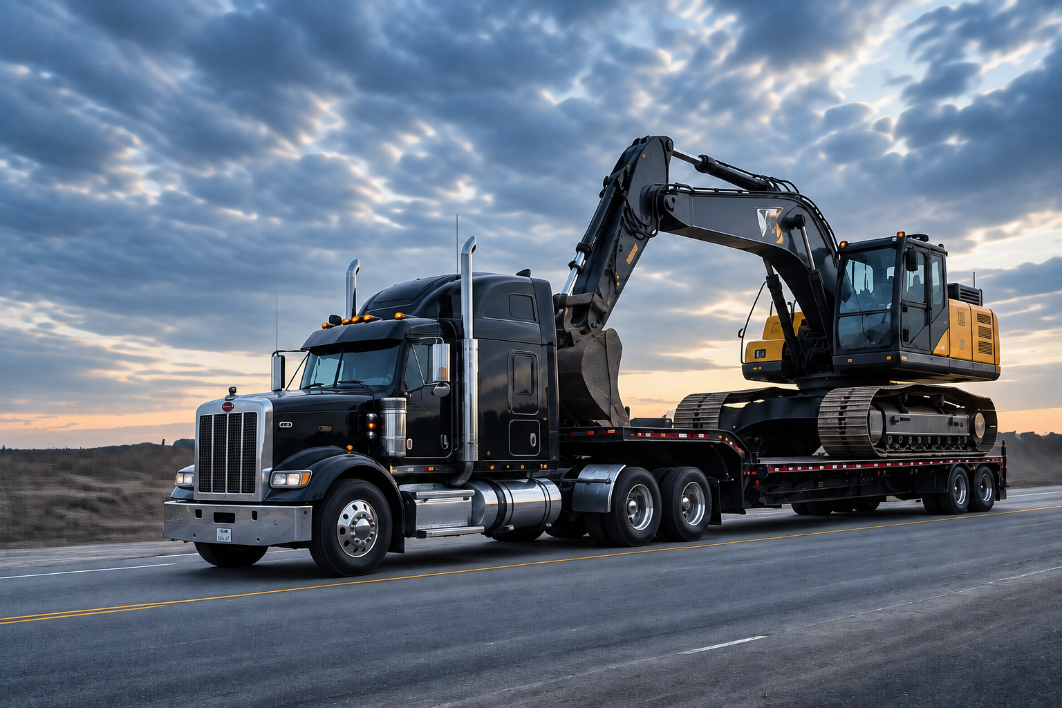 Black semi truck transporting a tracked excavator on a low-profile equipment trailer.