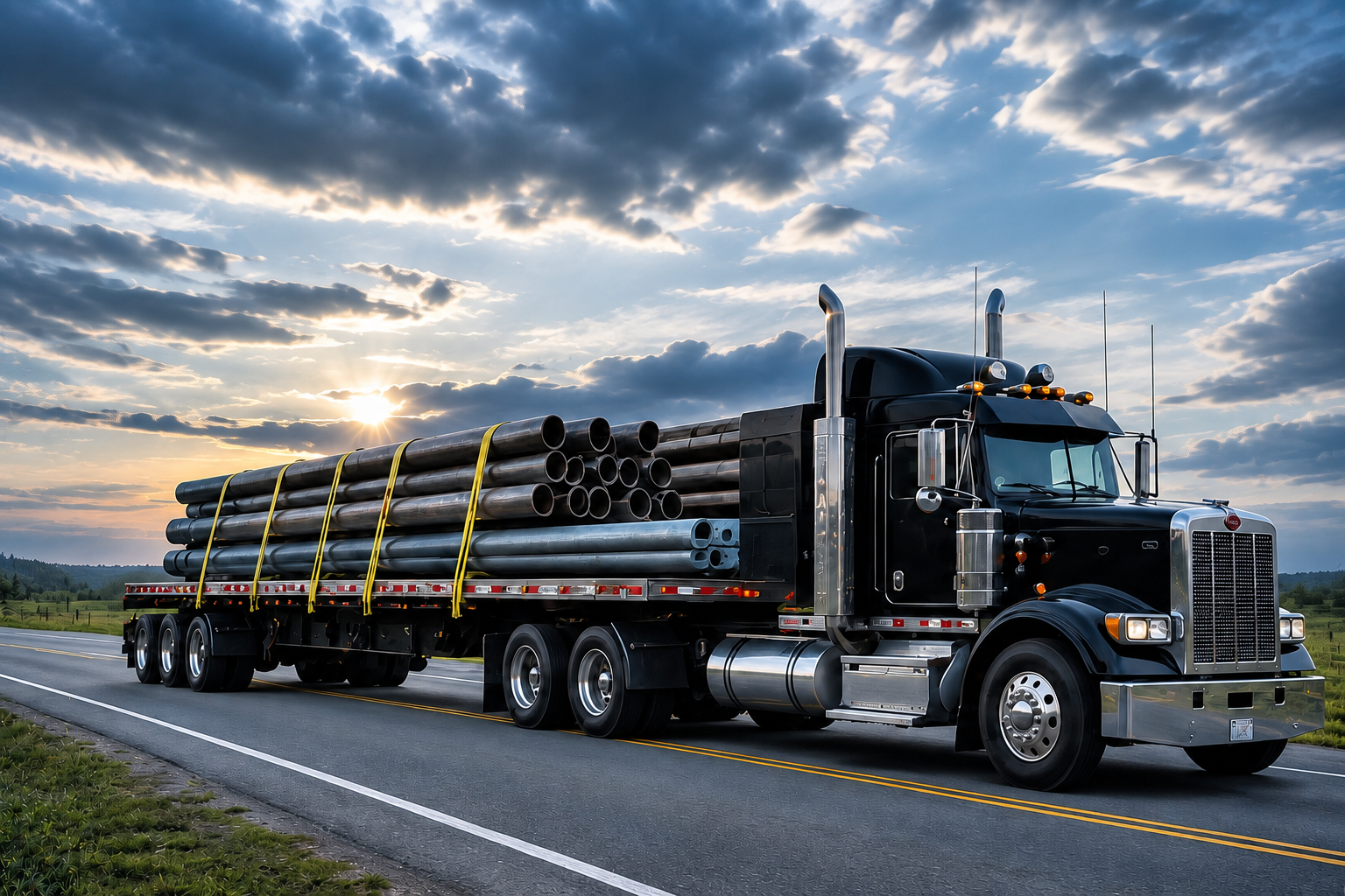 Black semi truck hauling secured steel pipe on a flatbed trailer along a highway.