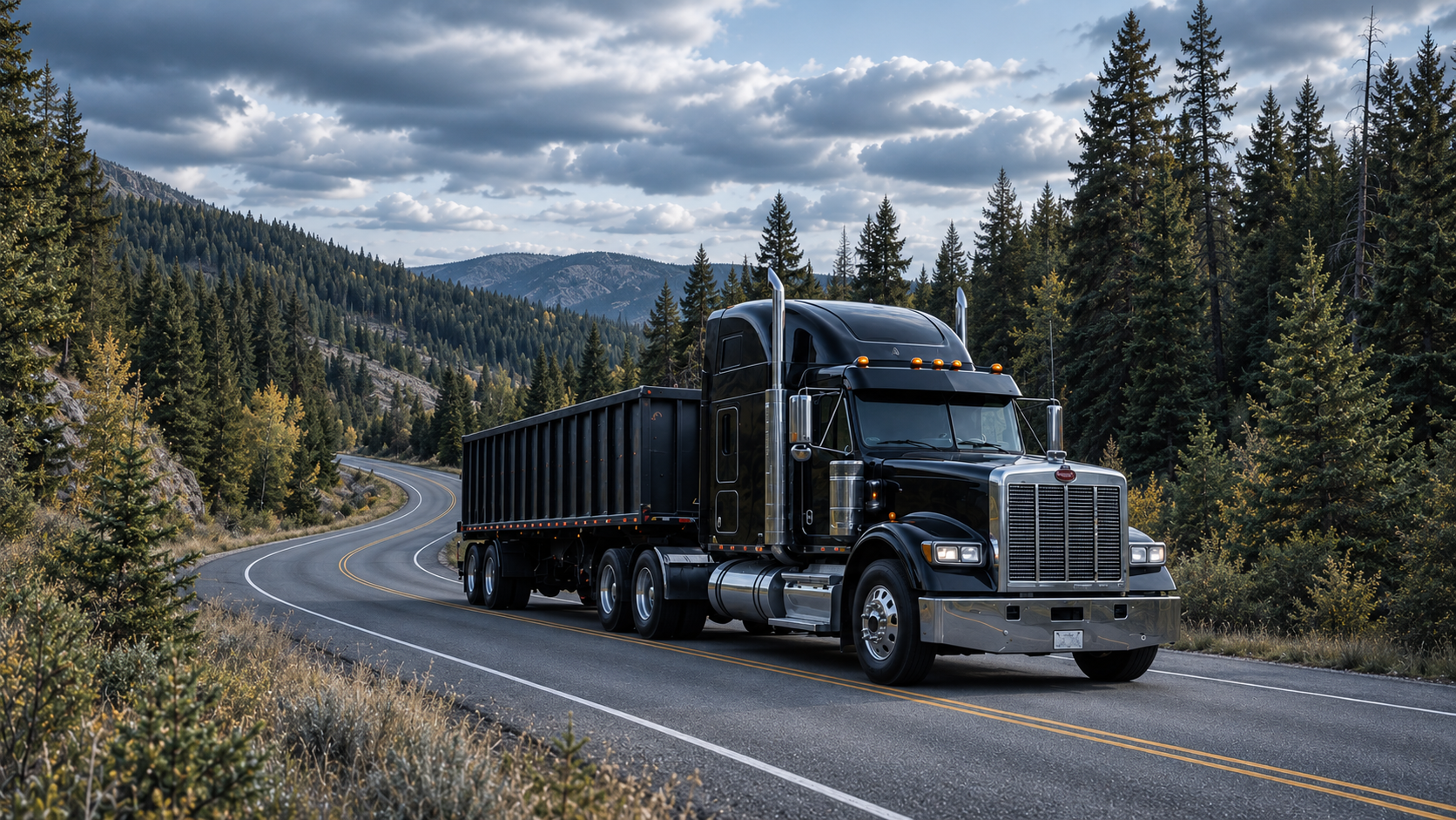 Black semi truck traveling along a winding regional highway through a wooded landscape.