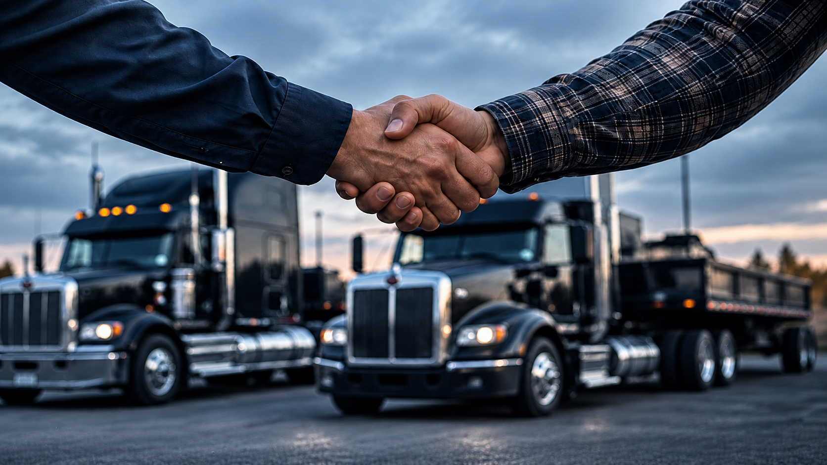 Two people shaking hands in front of semi trucks, representing a commercial trucking partnership.