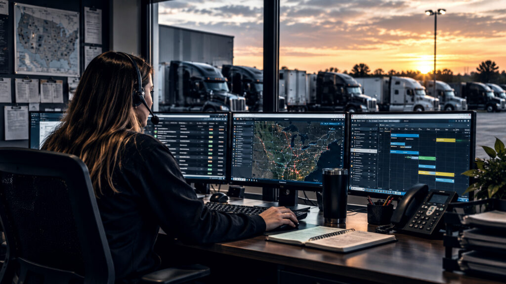 Dispatcher wearing a headset at a multi-monitor workstation overlooking a semi-truck yard.