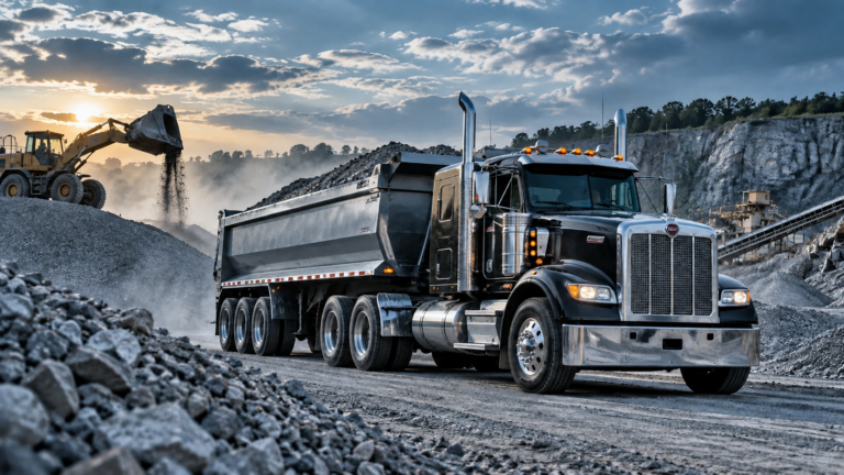 Black semi truck with dump trailer hauling aggregate at a quarry and material site.