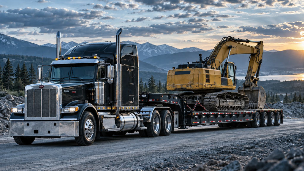 Black semi truck transporting a tracked excavator on a heavy equipment trailer.