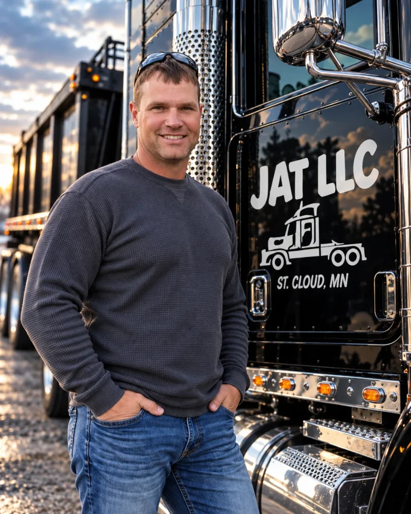 Jeff Arvidson standing beside a black JAT LLC semi truck.