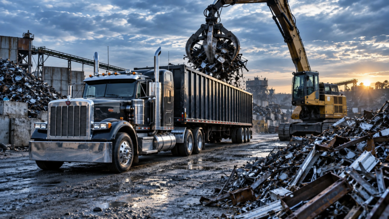 Semi truck with open-top trailer being loaded with scrap metal by an industrial grapple.