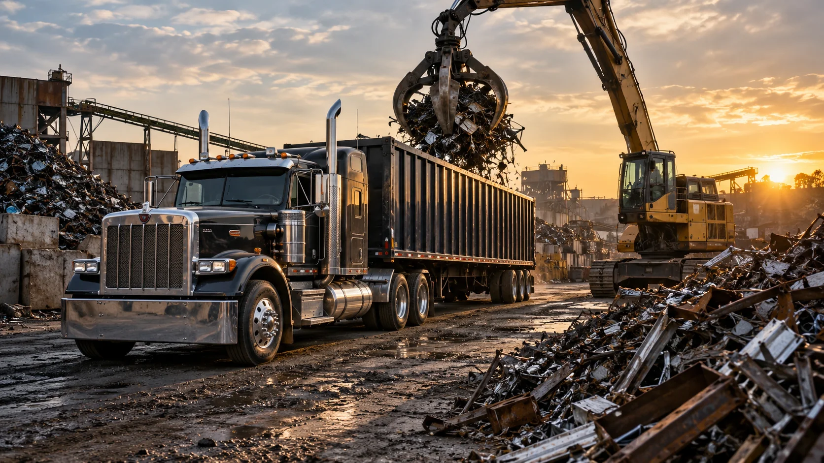 Semi truck with open-top trailer being loaded with scrap metal at a recycling yard