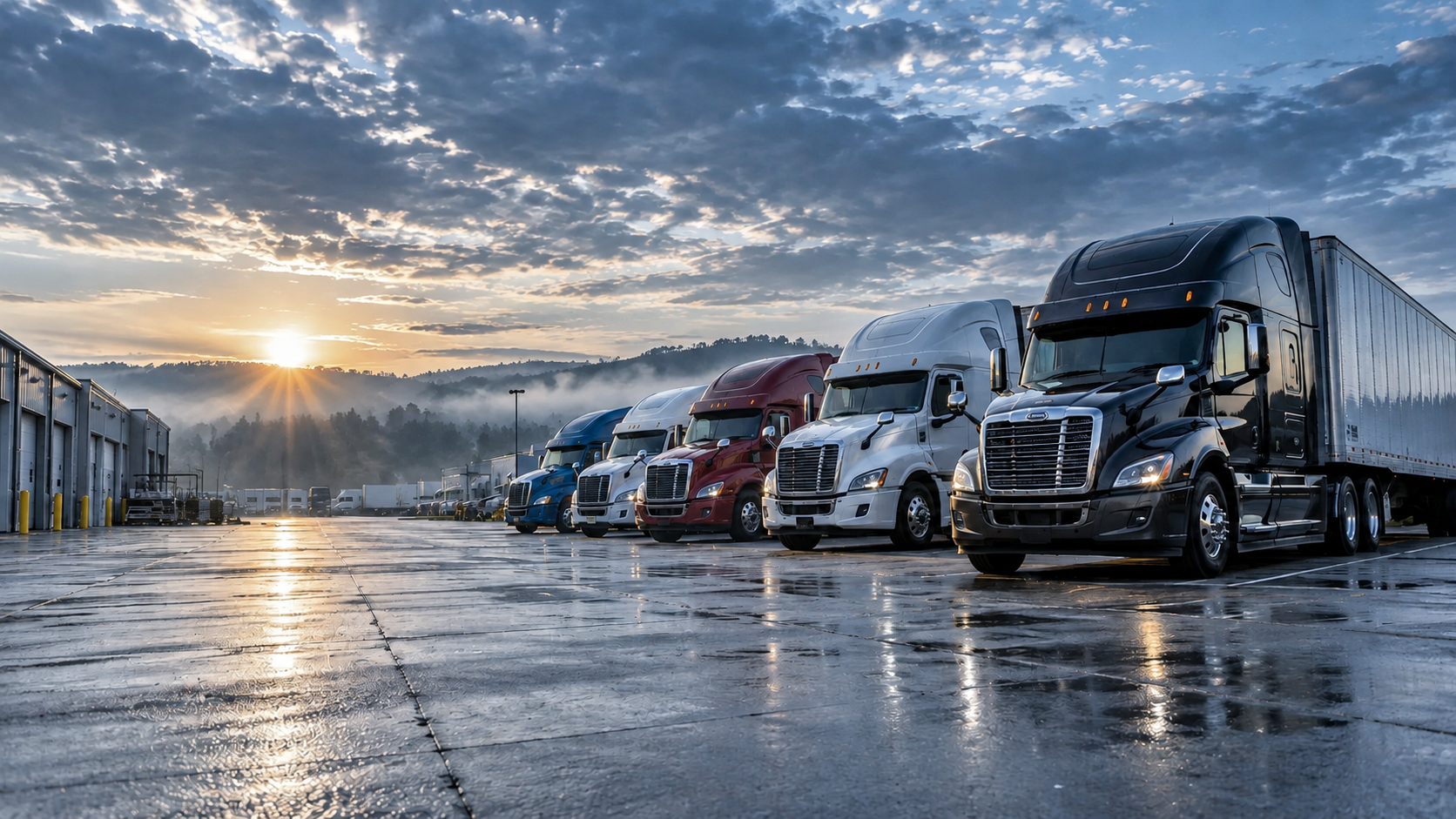 Row of semi trucks parked at a commercial trucking yard during sunrise.